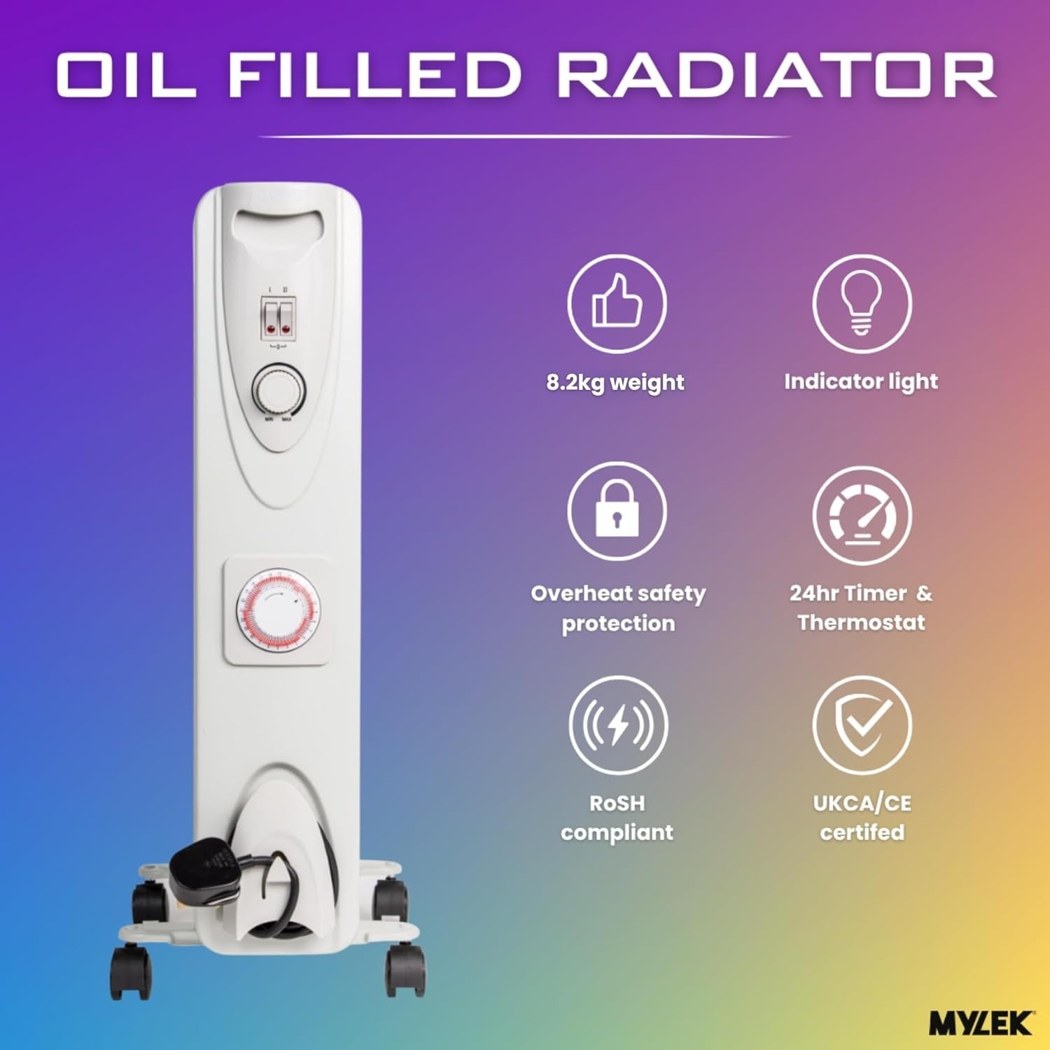 Portable 2500W Oil Heater Radiator | Adjustable Thermostat, Timer & Safe