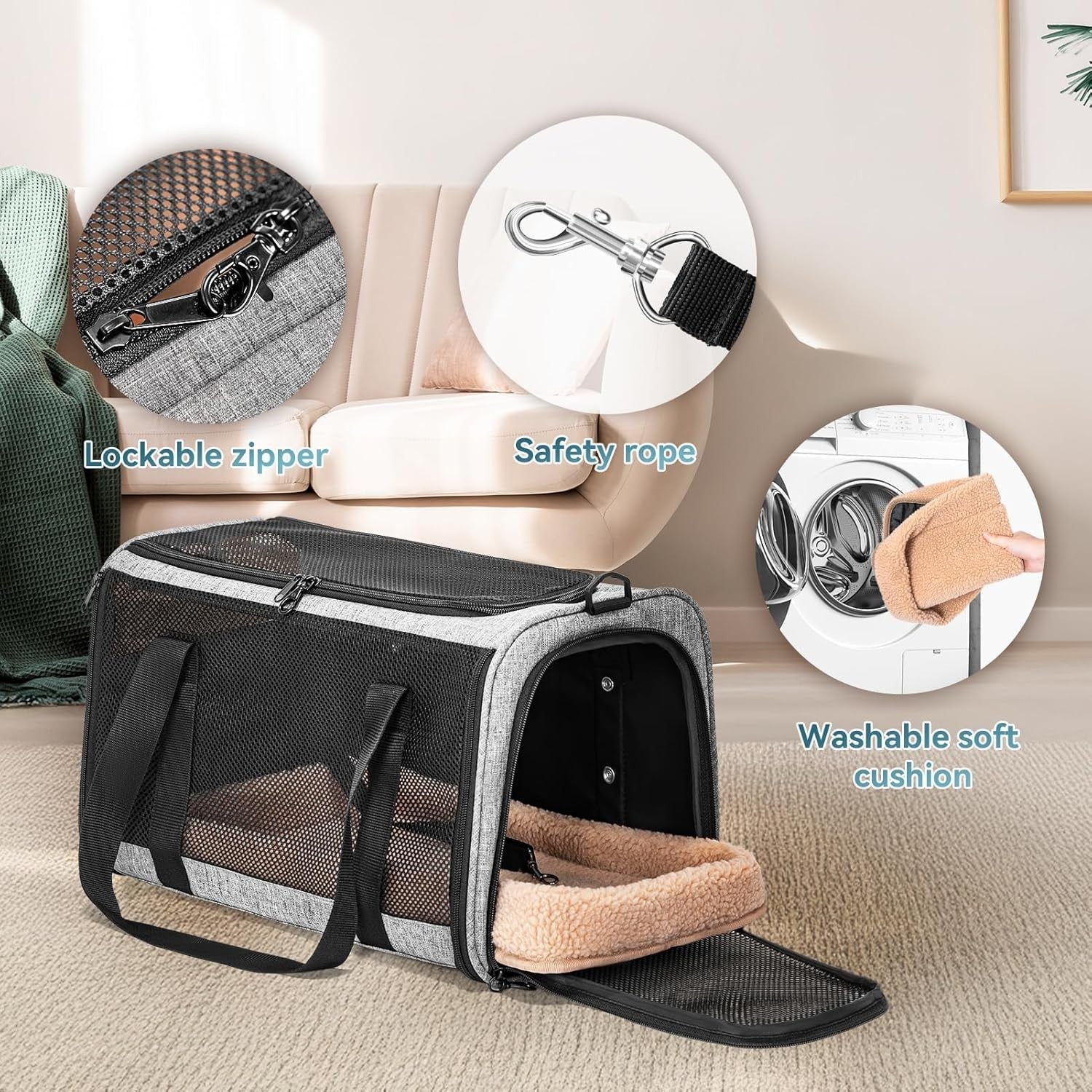 Large Cat Car Carrier Escape Proof Travel Seat Soft Pet Carrier