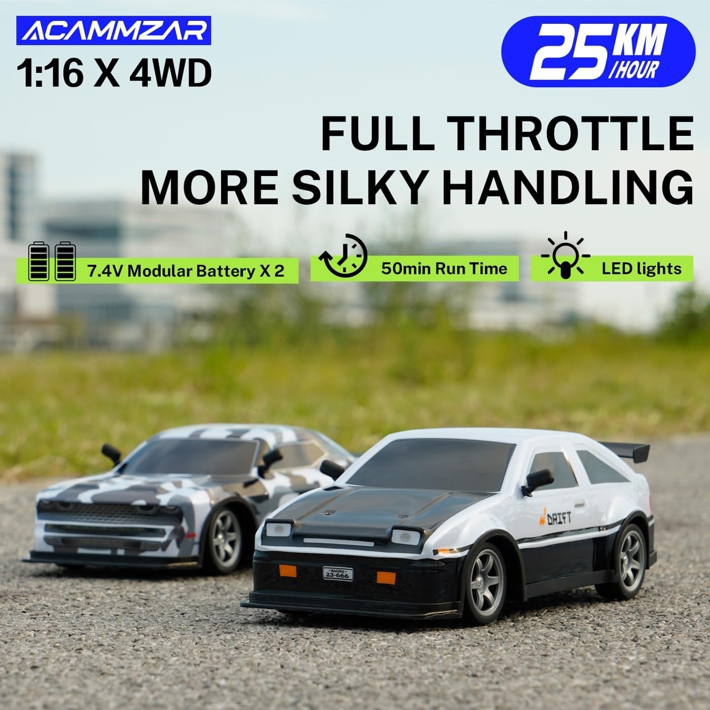 1:16 4WD RC Drift Car 25km/h High Speed w/ LED Lights 2 Batteries Black
