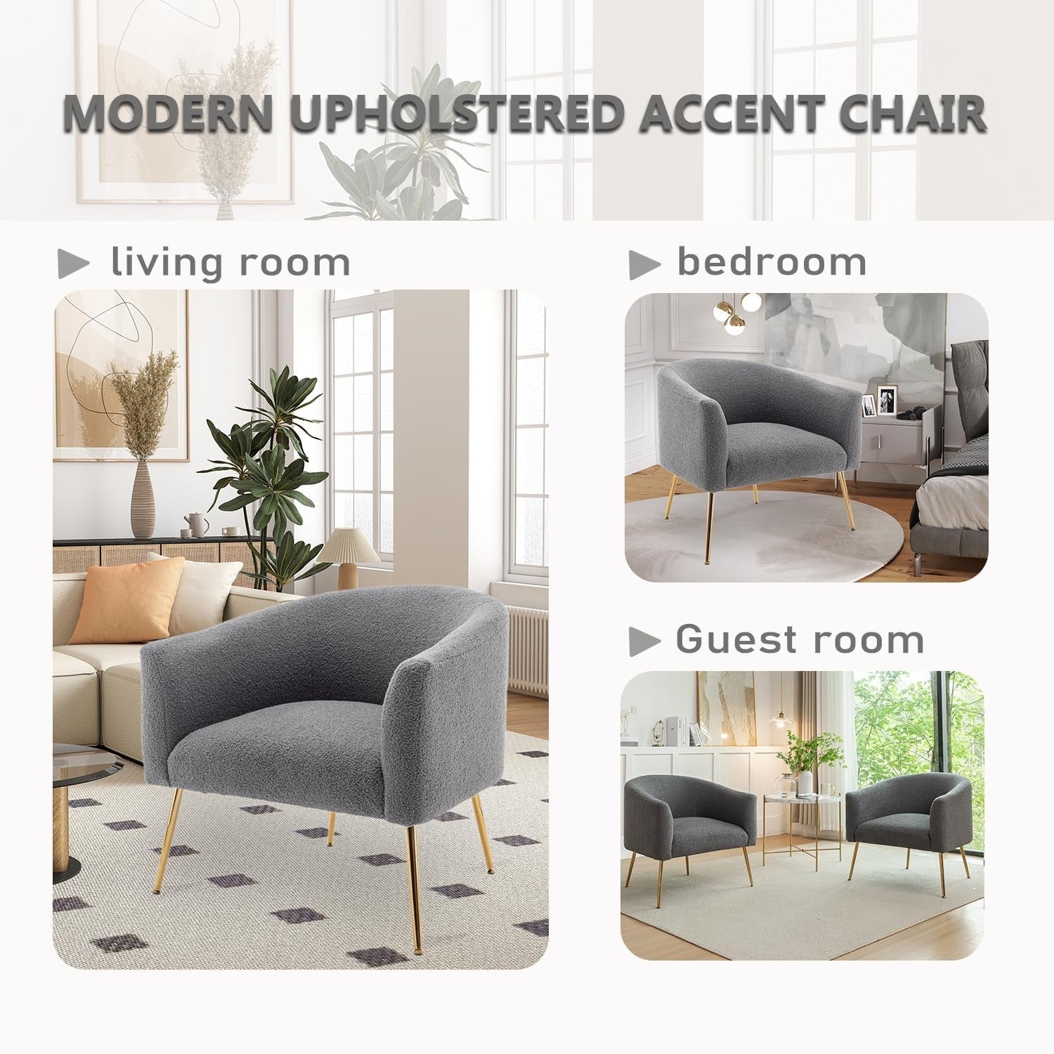 Grey Sherpa Accent Chair Barrel Armchair Gold Legs