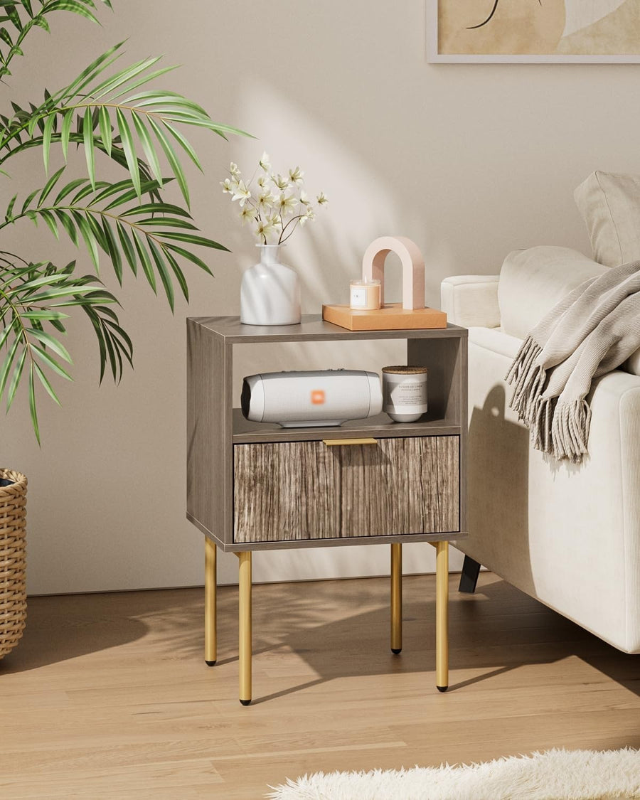 Modern Grey Bedside Table with Drawer & Open Shelf | Wooden Nightstand