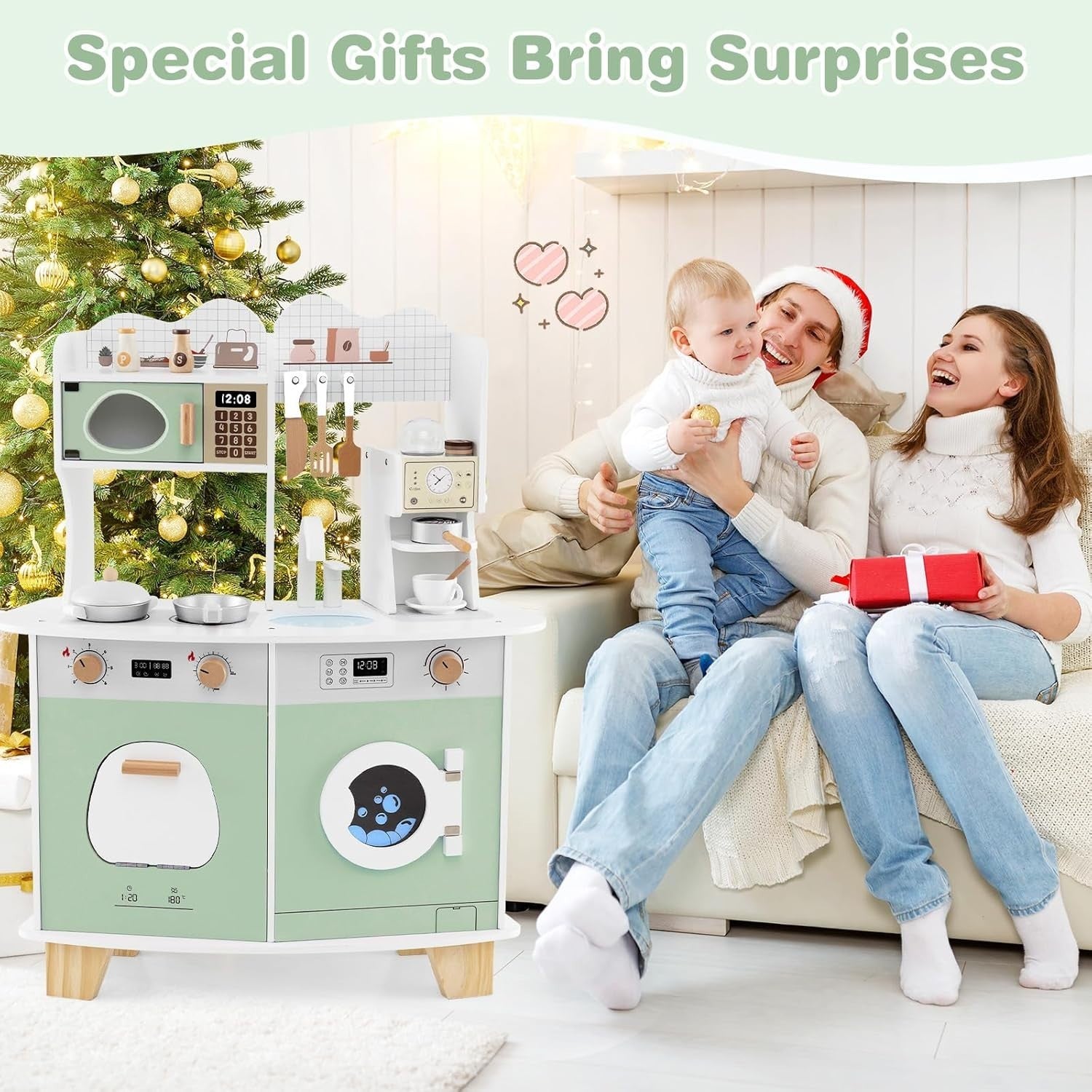 Kids Wooden Play Kitchen w/ Coffee Maker Microwave Green Toy