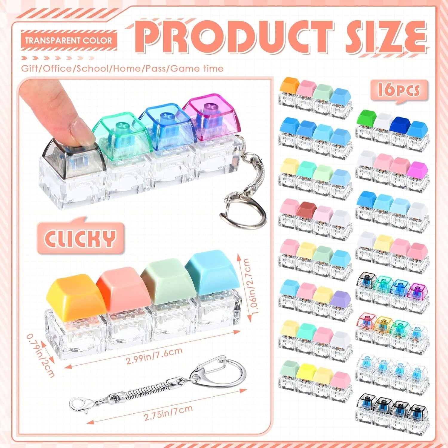 16pcs Keyboard Clicker Fidget Keychain Silent Stress Relief Office Toy