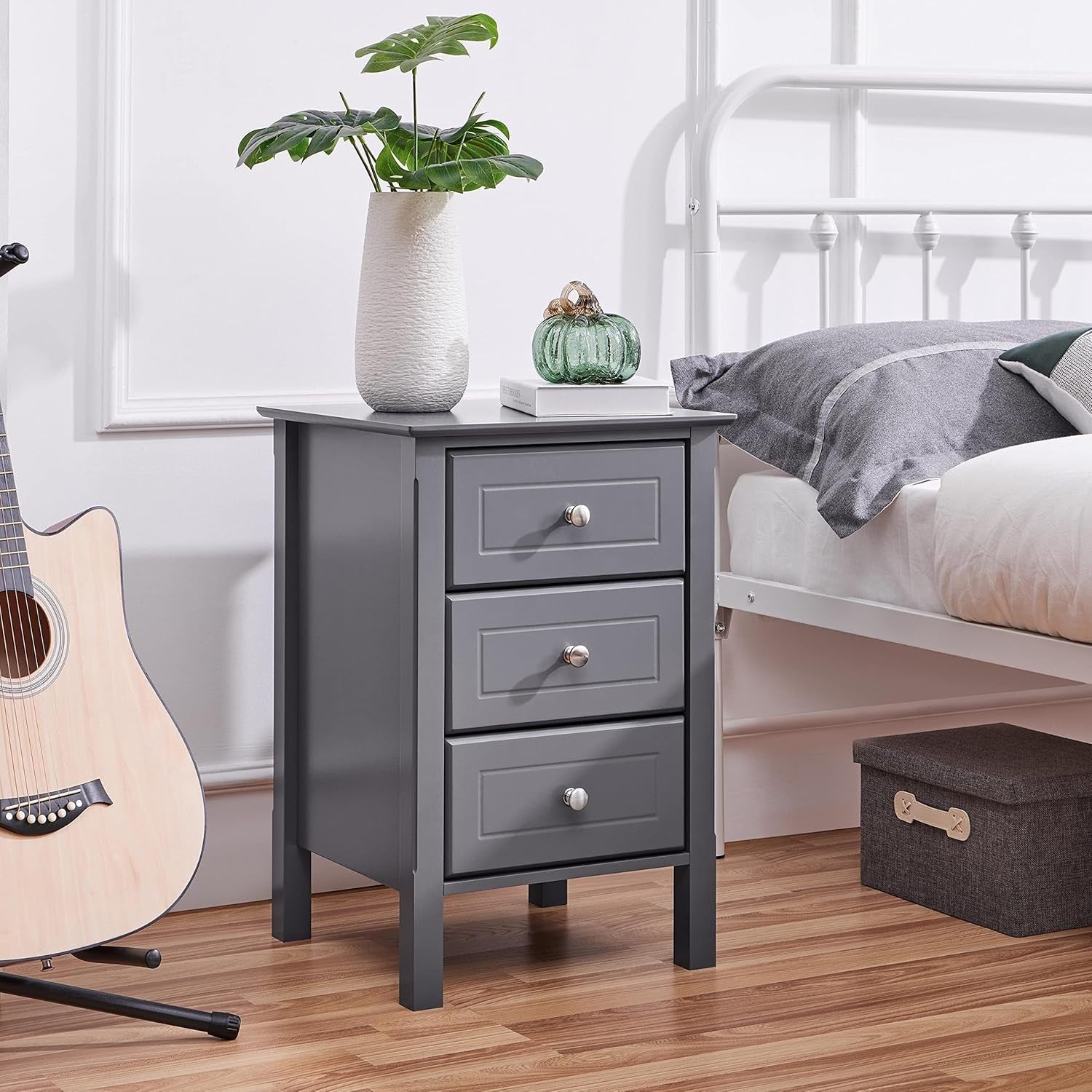 Dark Grey Bedside Tables Set of 2 – Wooden 3 Drawer Nightstand