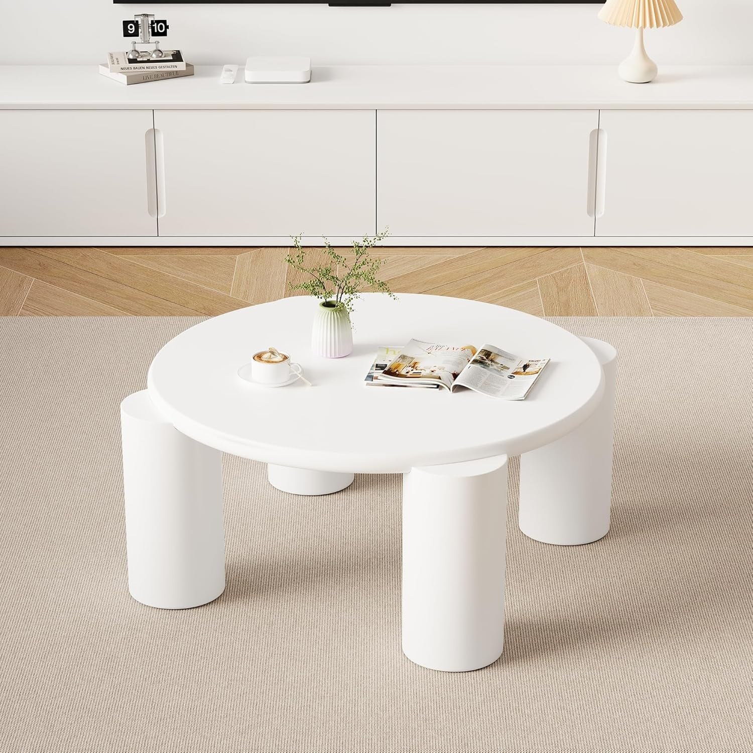 Round White Wooden Coffee Table, Stylish Modern Design, Sturdy & Space-Saving