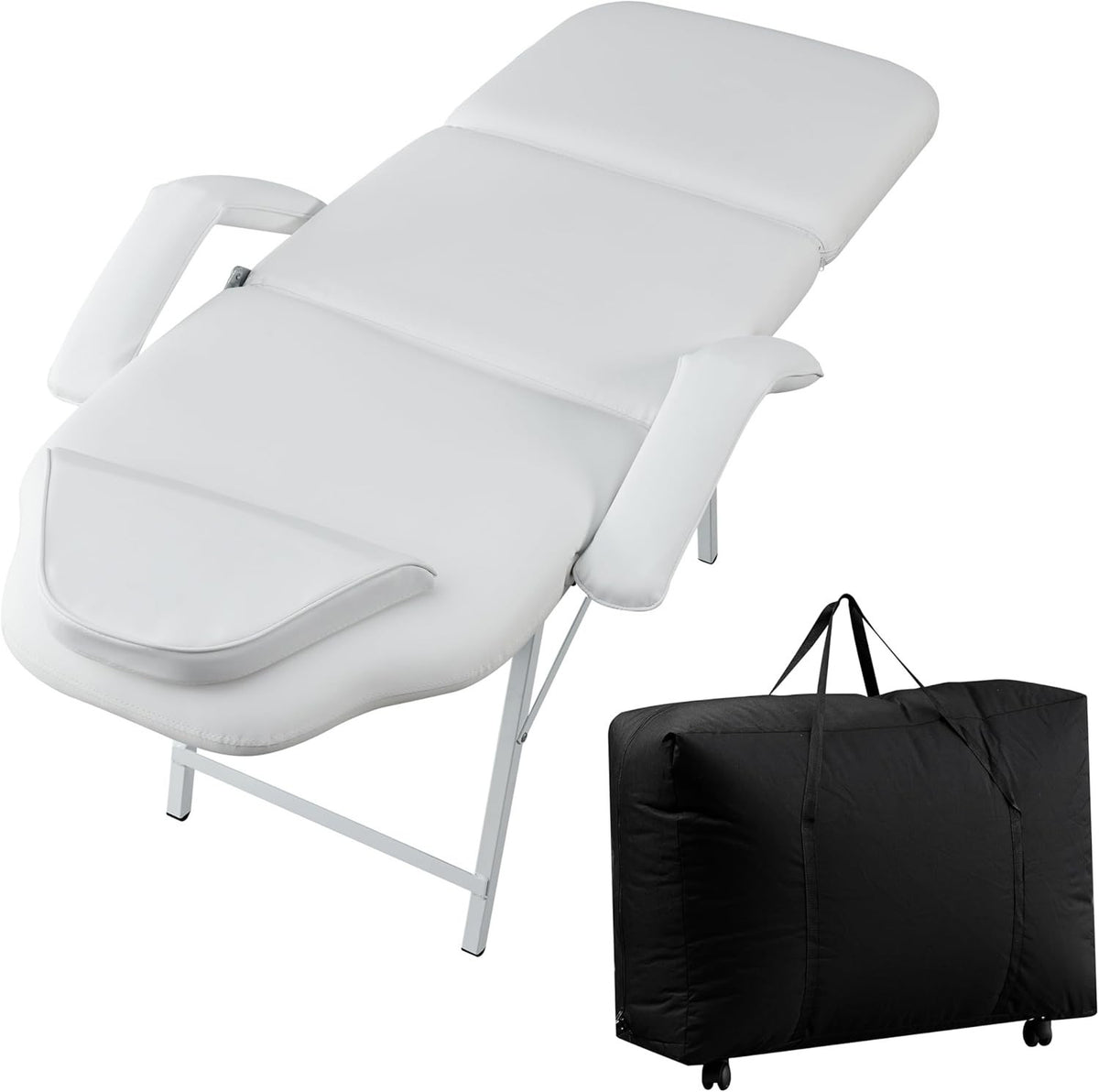 Foldable 3-Section Beauty Massage Bed Portable Lash Tattoo Table White No Stool