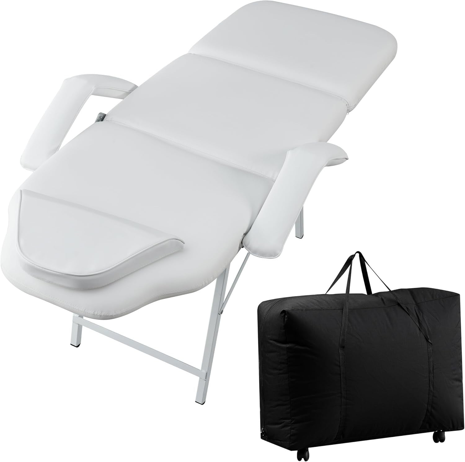 Foldable 3-Section Beauty Massage Bed Portable Lash Tattoo Table White No Stool