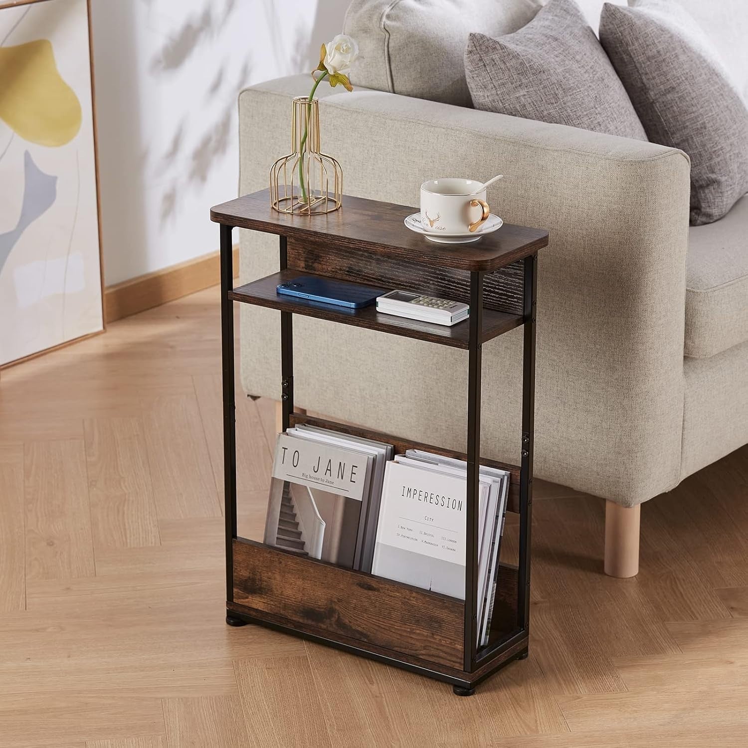 Narrow Side Table with Storage Shelf, 3-Tier Slim Nightstand for Small Spaces, 4