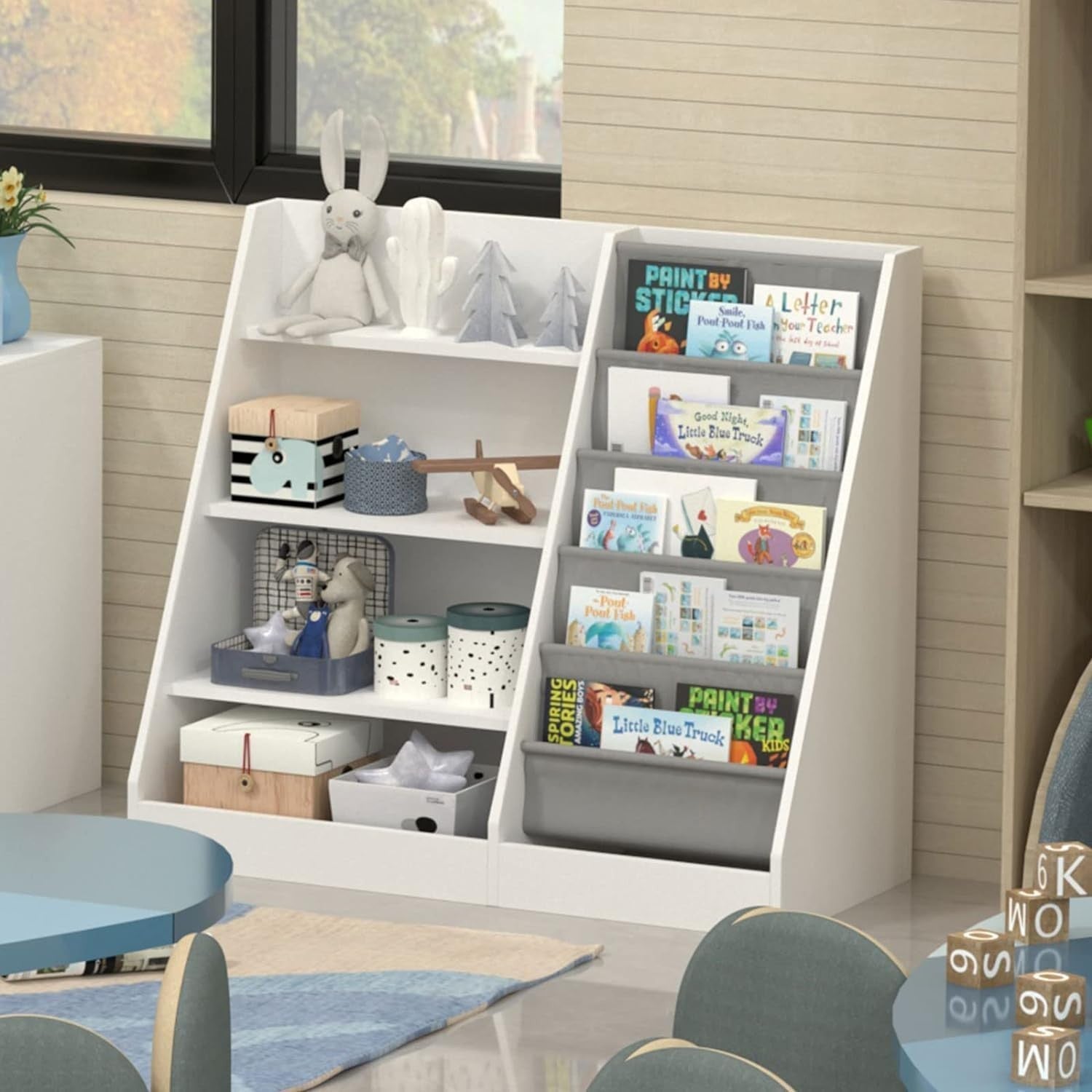 Kids Bookshelf with 5 Sling Pockets & 4 Shelves – Wooden Toy Organizer White