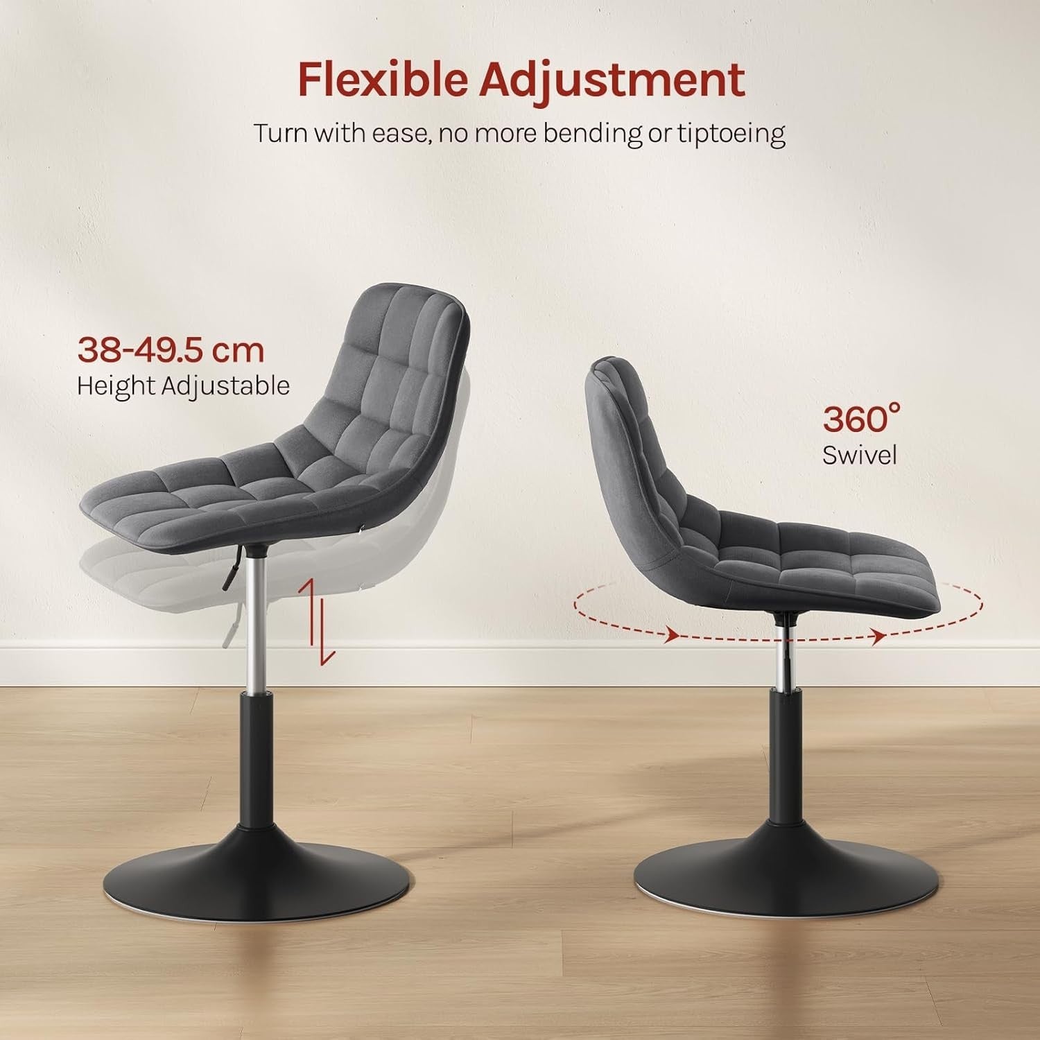 Dark Grey Velvet Swivel Vanity Stool Height Adjustable Dressing Chair