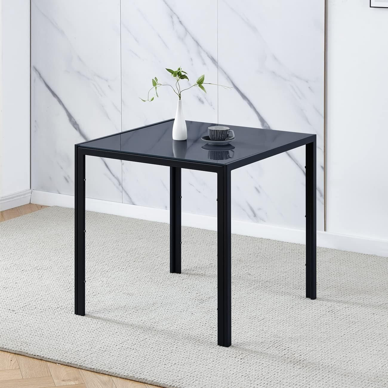 Square Glass Dining Table 75x75cm Black Tempered Metal Legs Modern