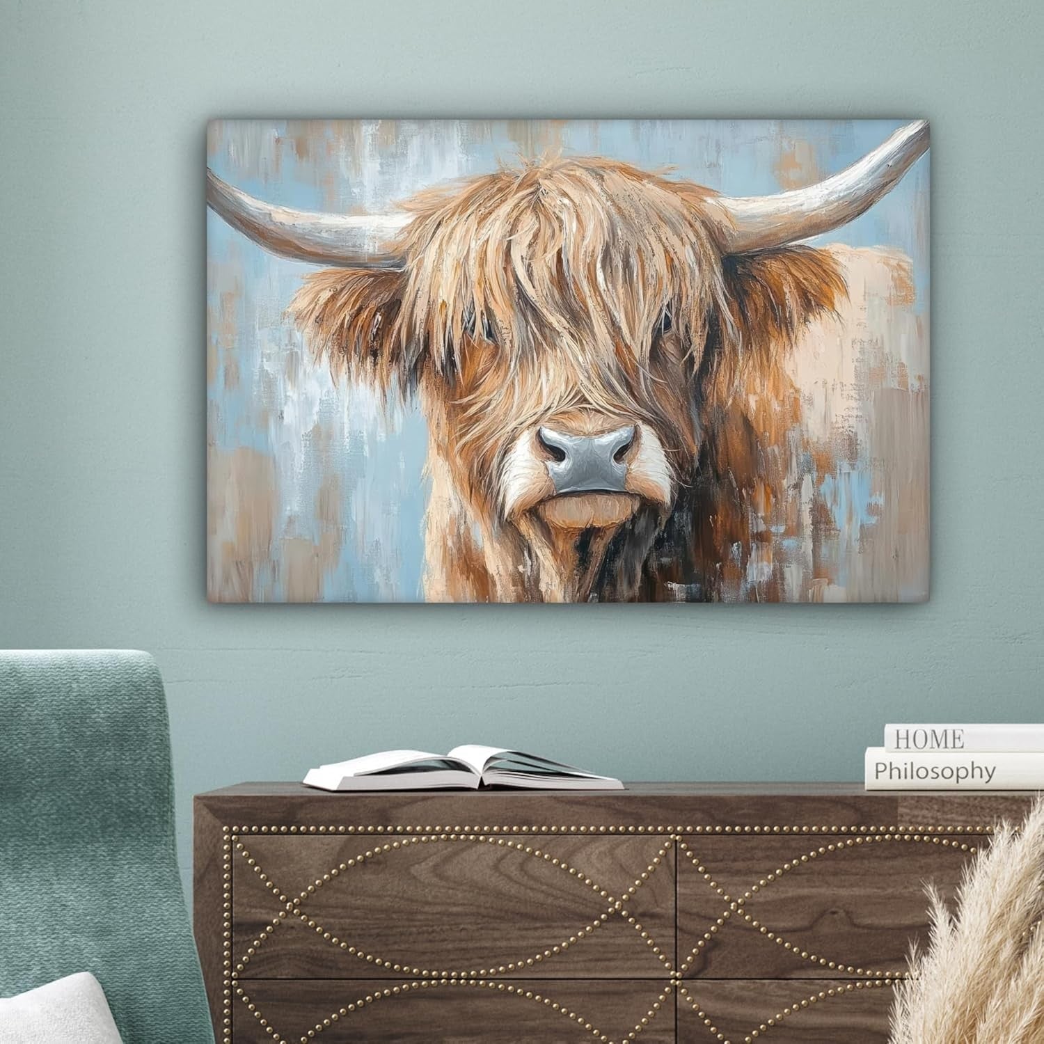 Highland Cow Canvas Wall Art 60x40cm Framed Rustic Farmhouse
