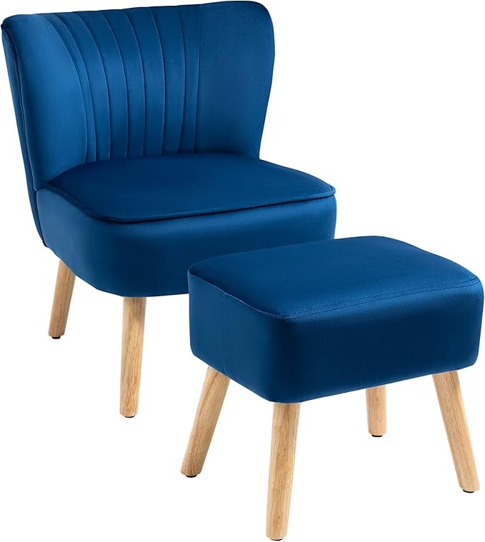 Velvet Accent Chair with Ottoman Blue Tub Seat Wood Legs Lounge
