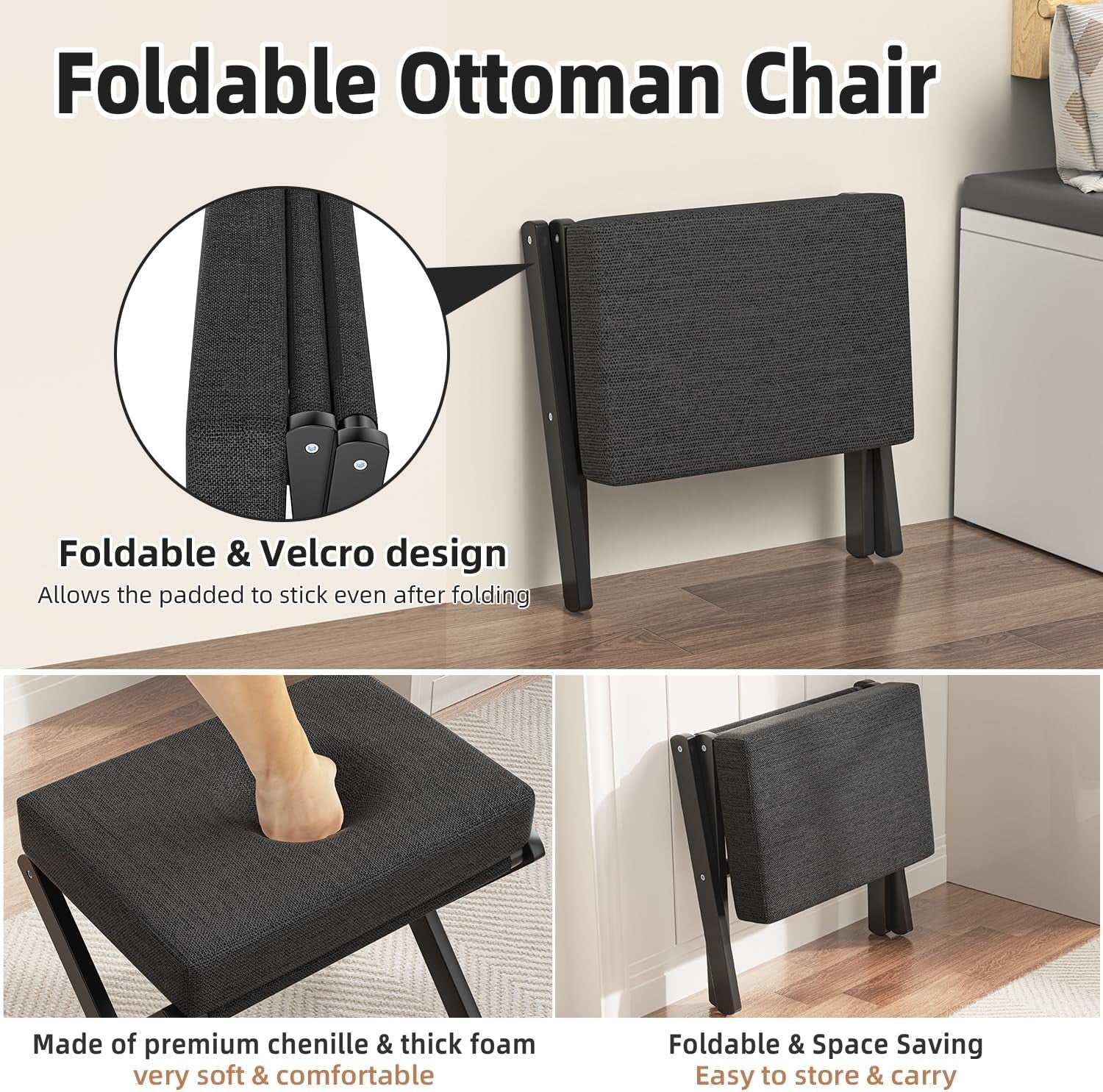 Black Foldable Footstool Ottoman with Bamboo X-Legs & Thick Chenille Cushion