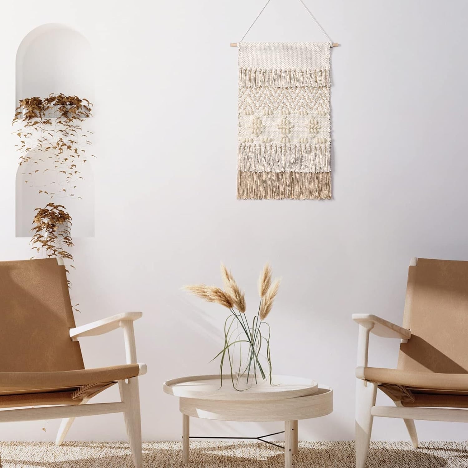 Boho Macrame Wall Hanging Beige Geometric Wave Wool Ball Tapestry
