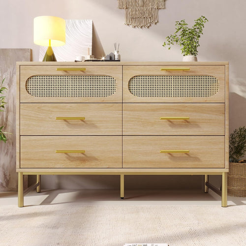 Rustic 6-Drawer Sideboard Cabinet with Metal Handles, Anti-Tip & Adjustable Feet