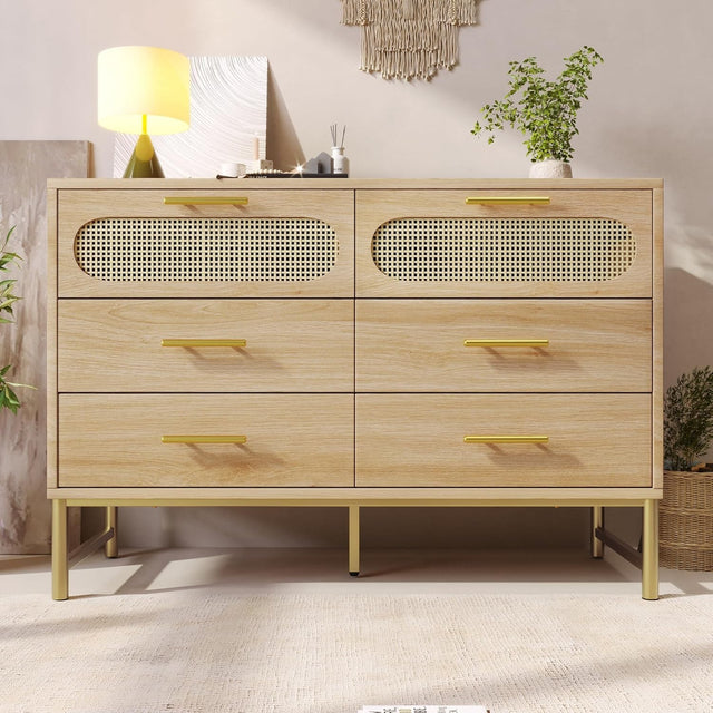 Rustic 6-Drawer Sideboard Cabinet with Metal Handles, Anti-Tip & Adjustable Feet