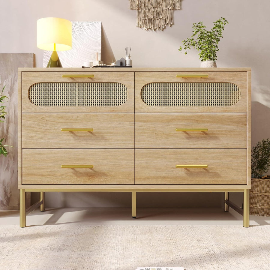 Rustic 6-Drawer Sideboard Cabinet with Metal Handles, Anti-Tip & Adjustable Feet
