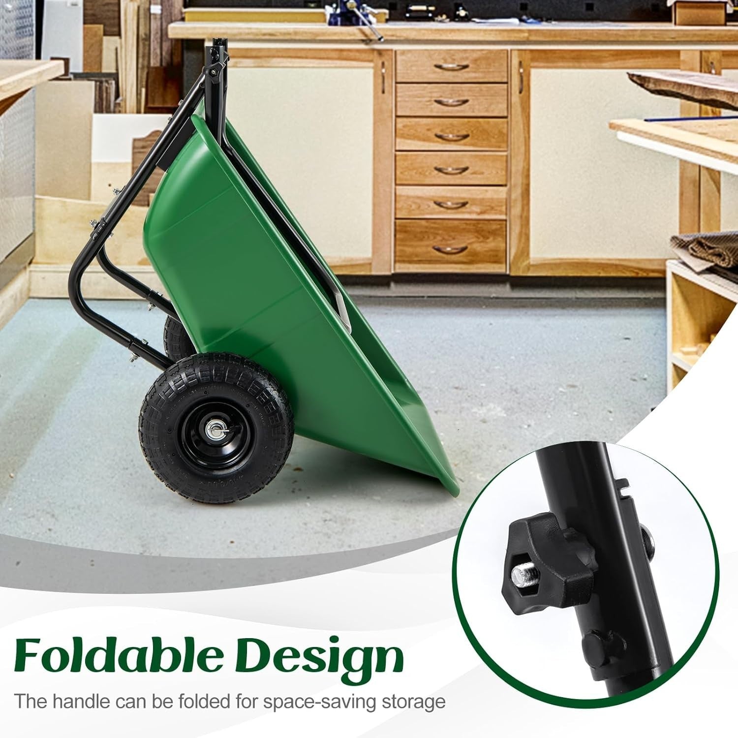 80L 2-Wheel Garden Wheelbarrow Green – Foldable Handle w/ Pneumatic Tyres 100kg