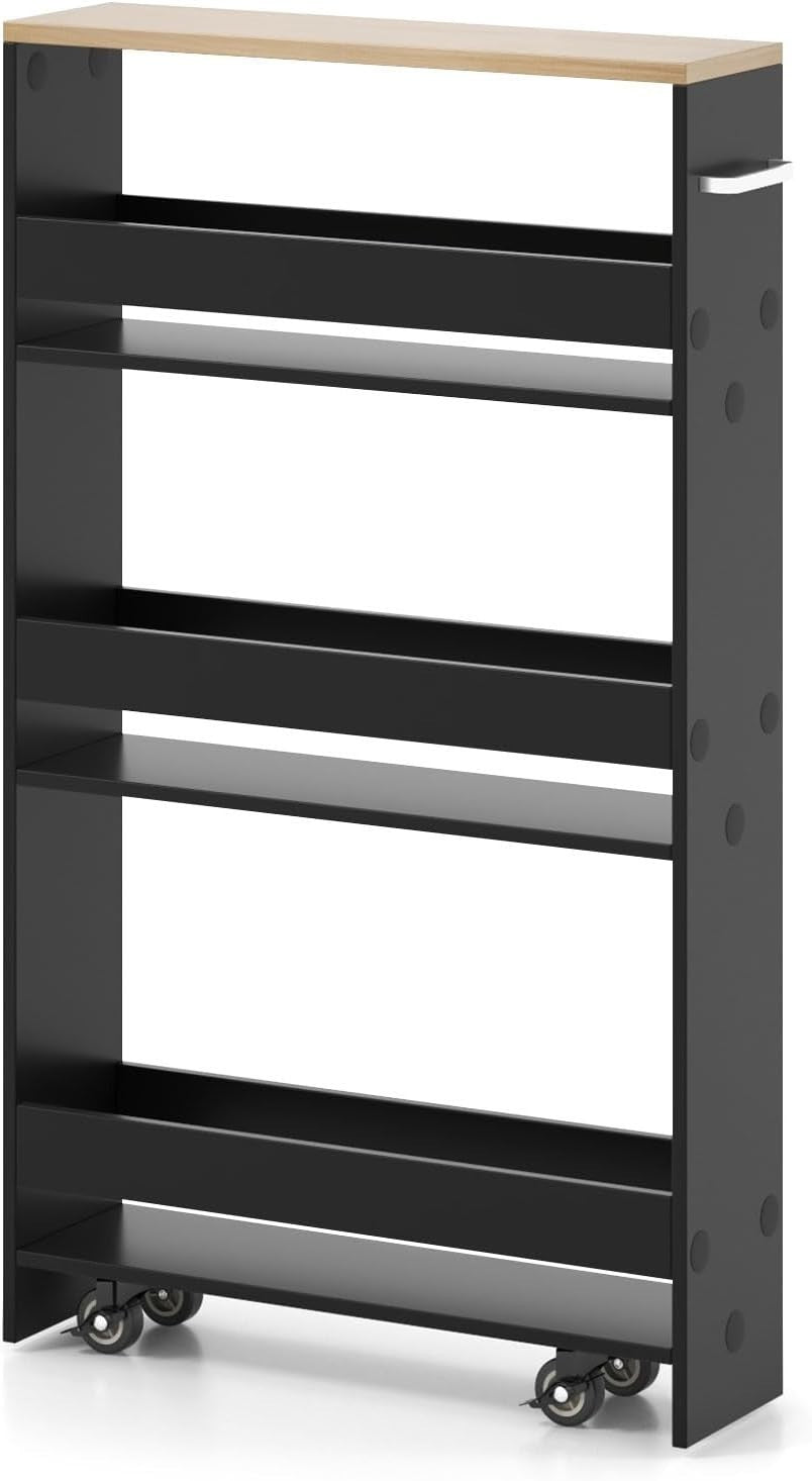 4 Tier Slim Storage Trolley Rolling Kitchen Cart Black Natural Narrow