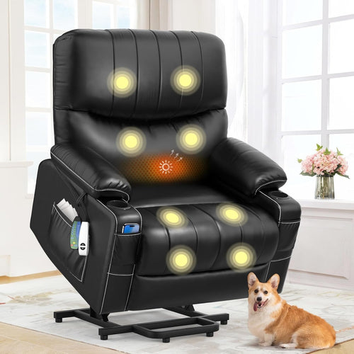 Electric Lift Recliner Chair Massage Heat USB Type-C Oversized Black Armchair