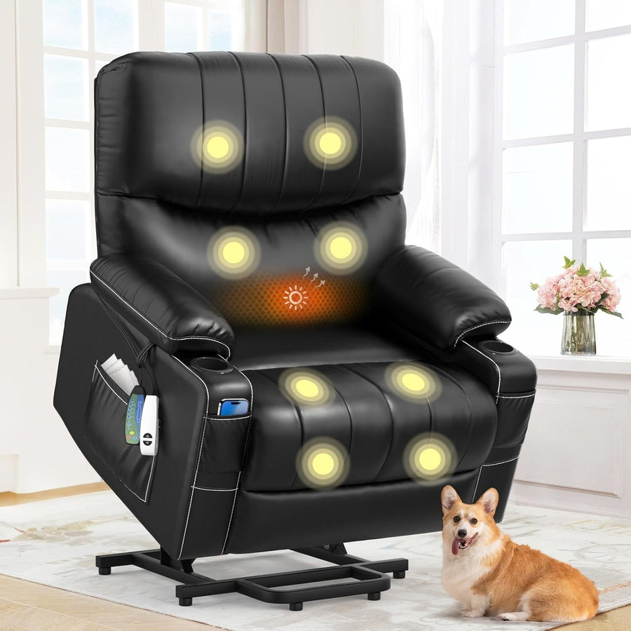 Electric Lift Recliner Chair Massage Heat USB Type-C Oversized Black Armchair