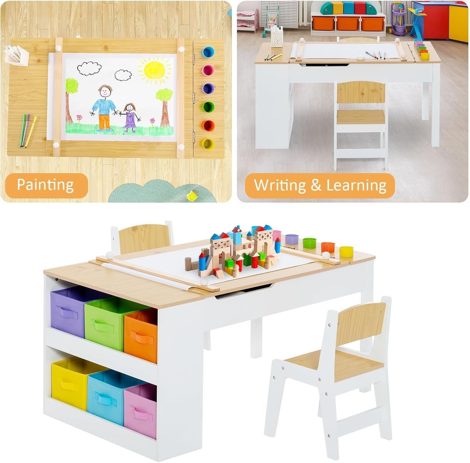 Kids 2-in-1 Art & Study Table with Lift-Top, Storage Boxes & Paper Roll