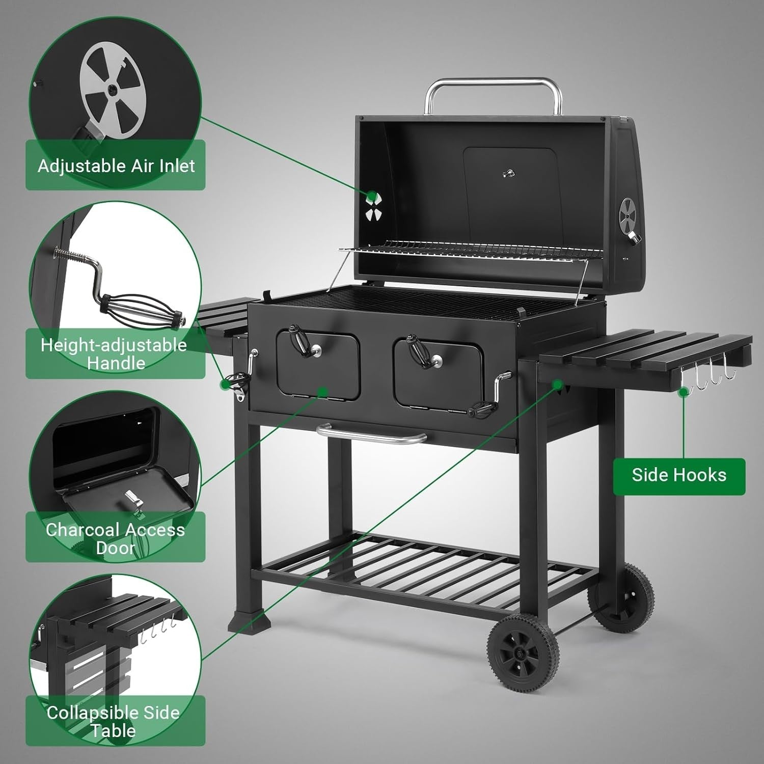 Large Dual-Zone Charcoal BBQ Grill with Adjustable Trays & Temp Gauge for Garden
