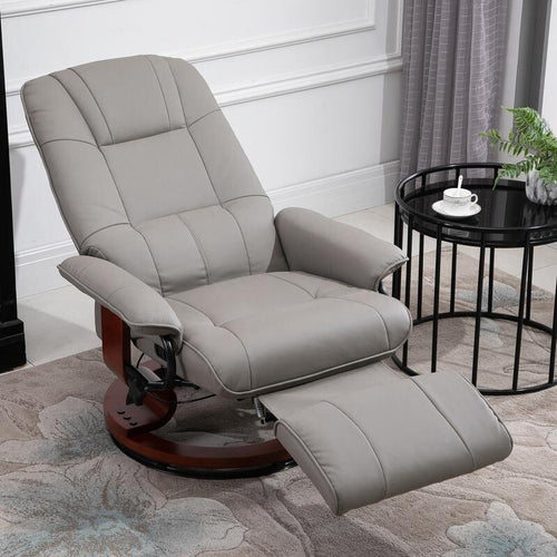 Manual Recliner Armchair Chair Faux Leather Wood Base Swivel Lounge Grey