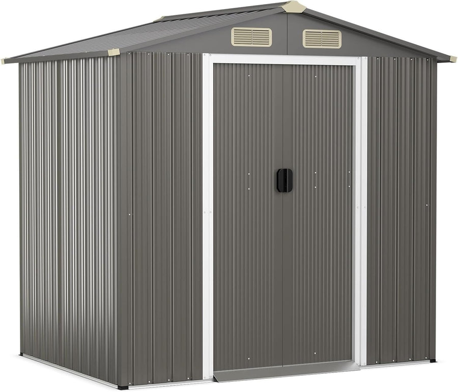 6x4FT Metal Garden Shed Outdoor Storage House Lockable Sliding Doors Grey