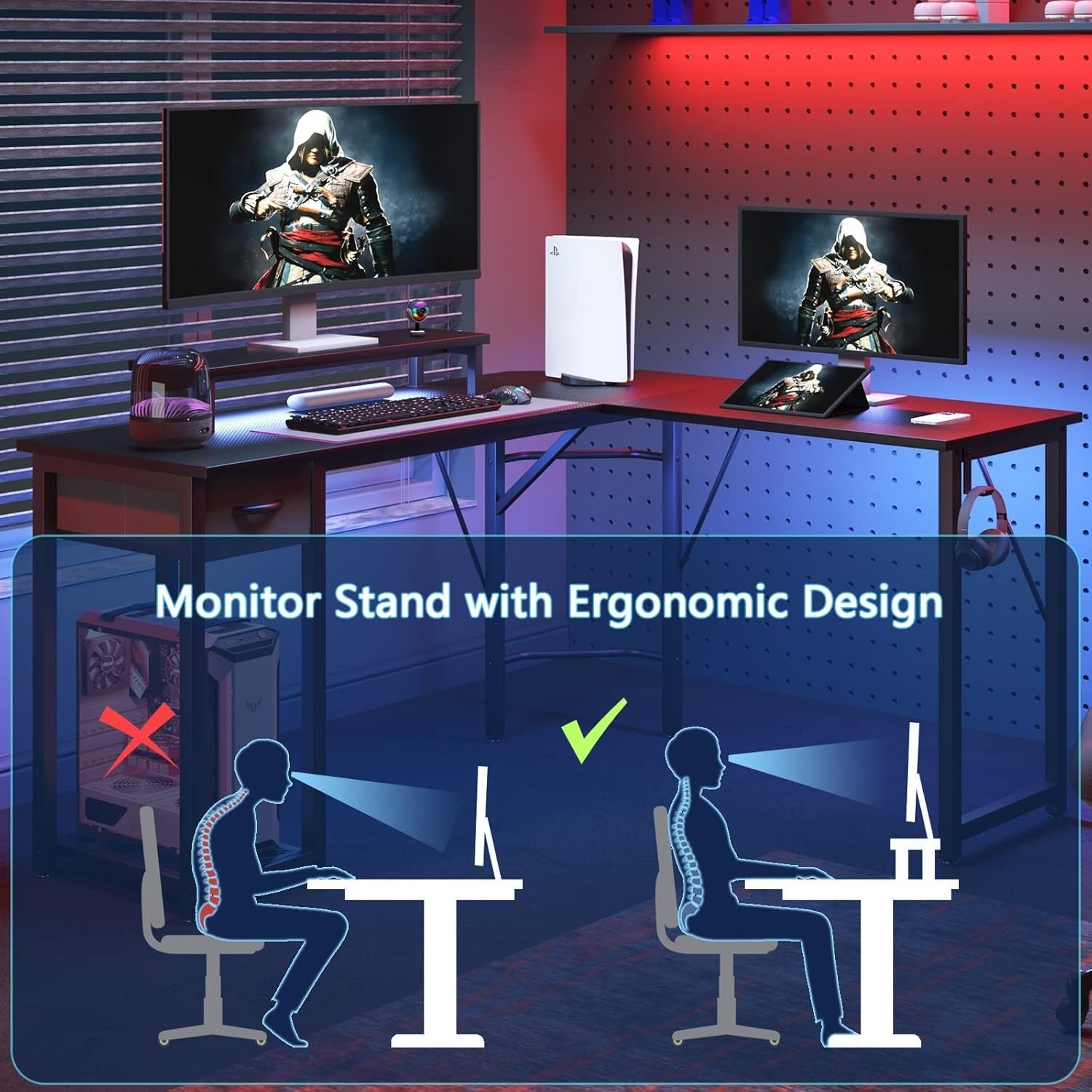 L Shaped Computer Desk Corner Gaming Table Monitor Stand Drawer Shelf