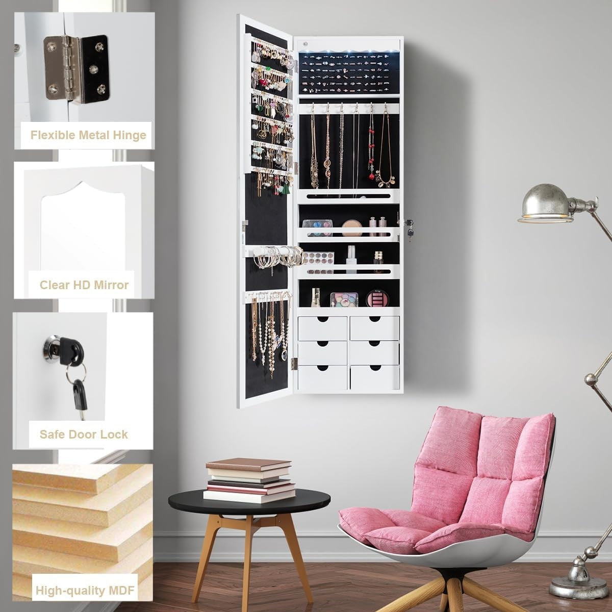 White LED Wall Mounted Jewelry Cabinet Mirror Lockable Hanging Organizer