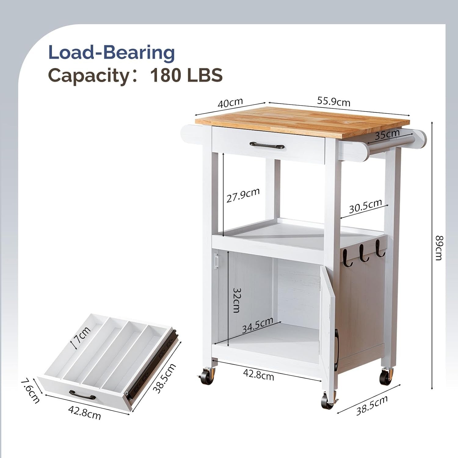 Kitchen Island Trolley on Wheels Storage Cabinet with Drawer Towel Rail