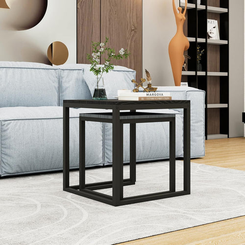 Nesting Coffee Table Set Black Grey Metal Wood Modern Living Room End Side