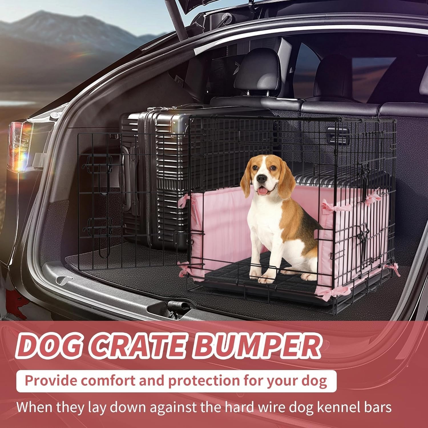 Soft Dog Crate Bumper Padding with Ties - Durable Kennel Cover 24"x18" Pink