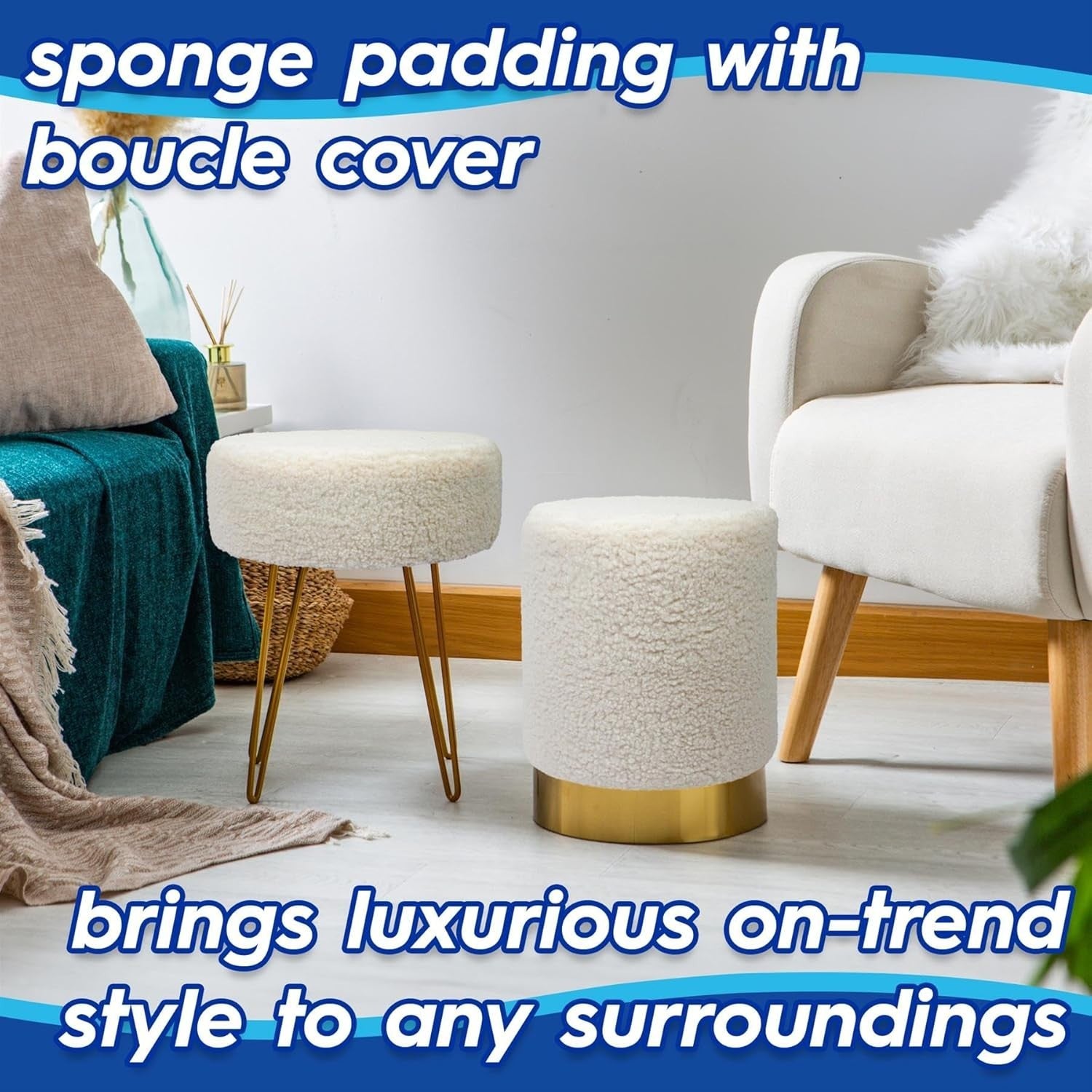 Cream Bouclé Round Footstool with Black Metal Legs – Modern Vanity Stool
