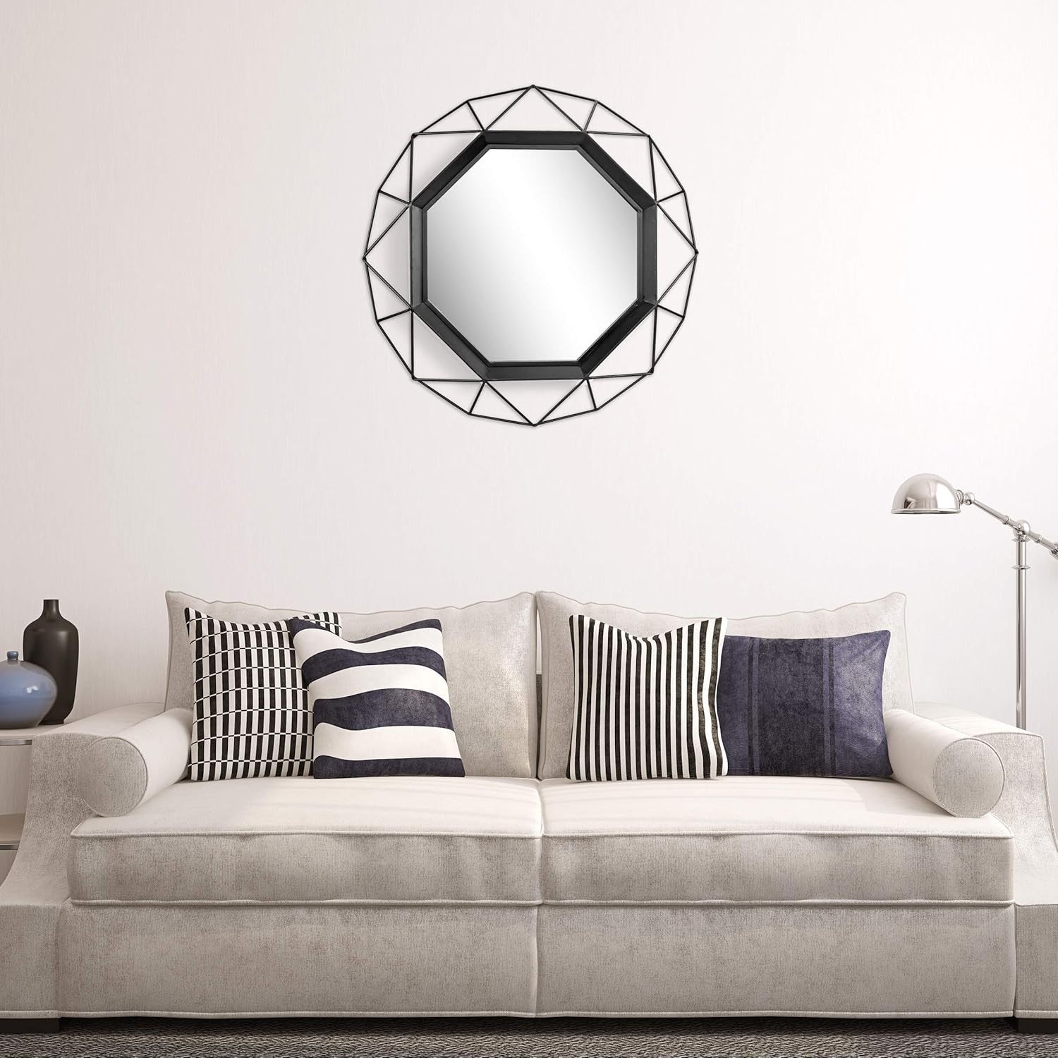 28" Black Geometric Wall Mirror Octagon Metal Frame for Bedroom Hallway