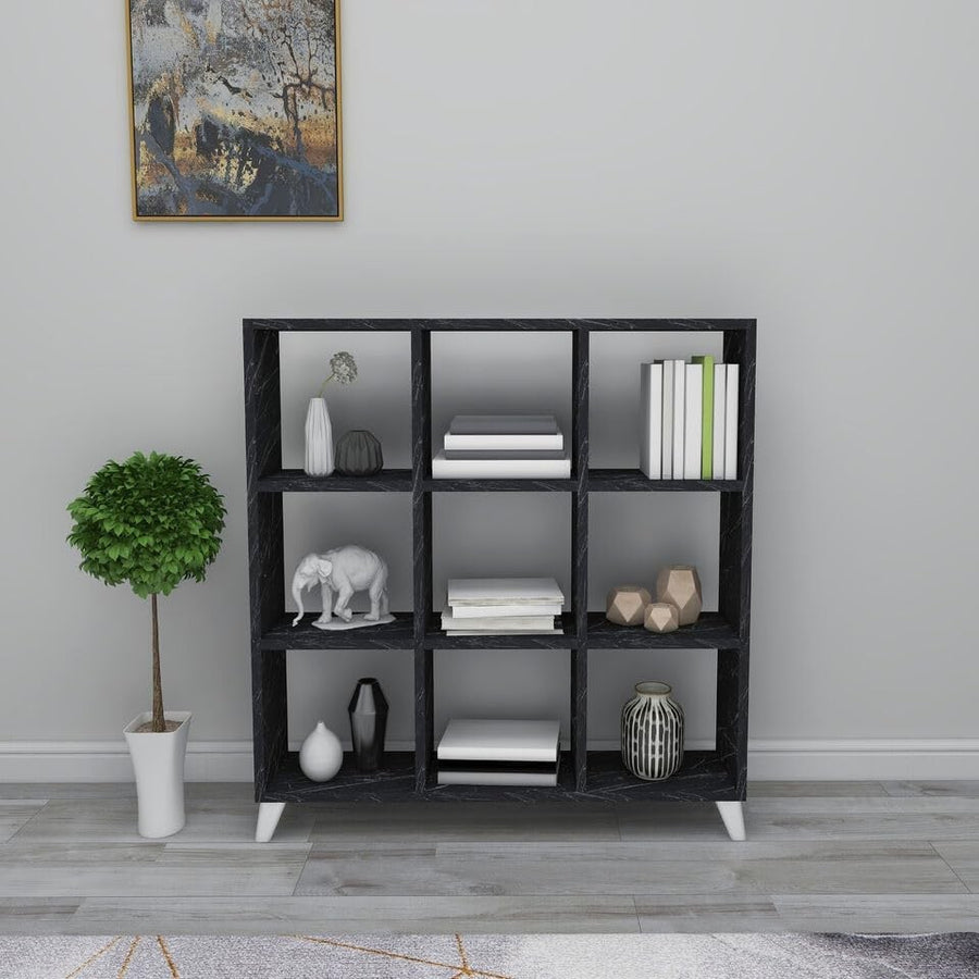 9-Cube Storage Bookcase with Doors – Modern Display Shelving Unit Black Marble