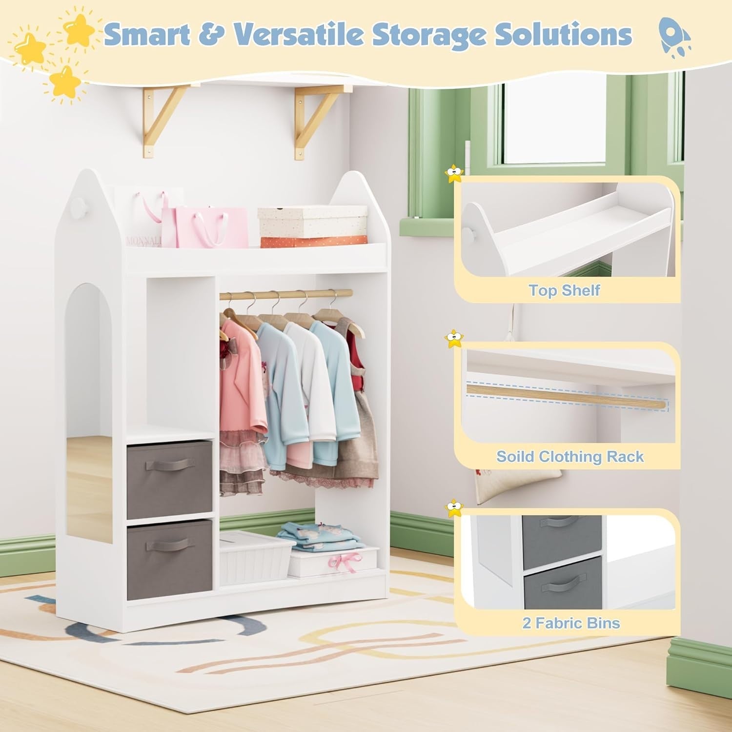 Kids Wardrobe with Mirror, Hanging Rail & 2 Drawers, White Rocket Design