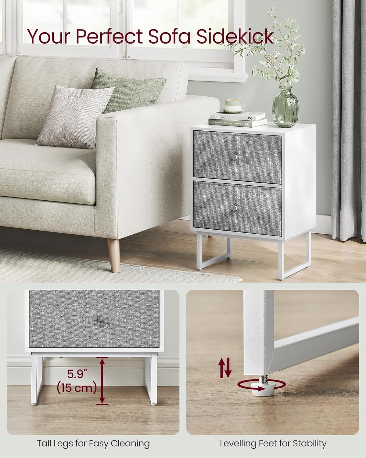 Modern Bedside Table with Fabric Drawers, 2-Tier Storage Cabinet for Bedrooms