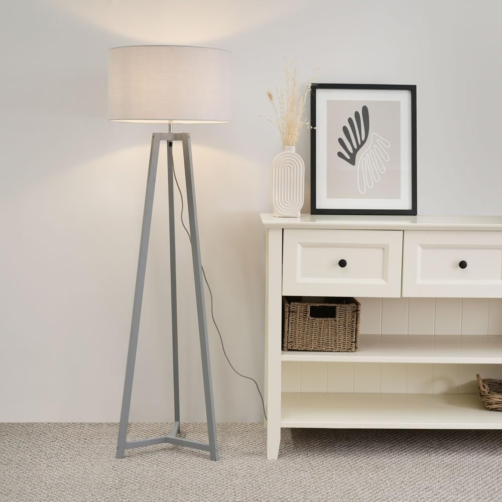 Grey Wooden Tripod Floor Lamp Fabric Drum Shade LED Living Room Light