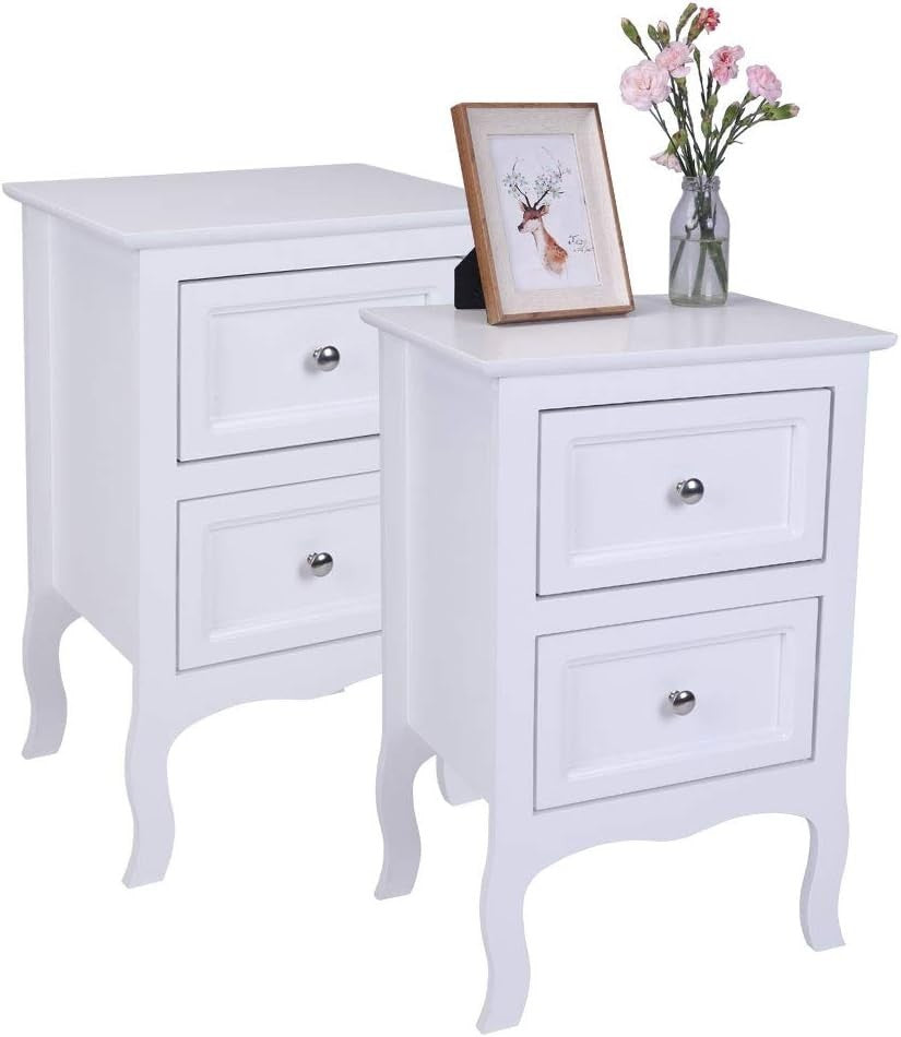 Set of 2 White Wooden Bedside Tables with 2 Drawers Bedroom Storage Units
