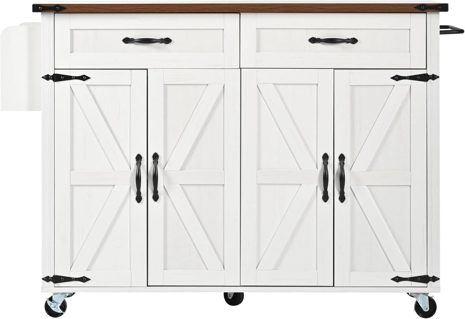 White Kitchen Island Trolley on Wheels with Drawers, Cabinet & Foldable Top