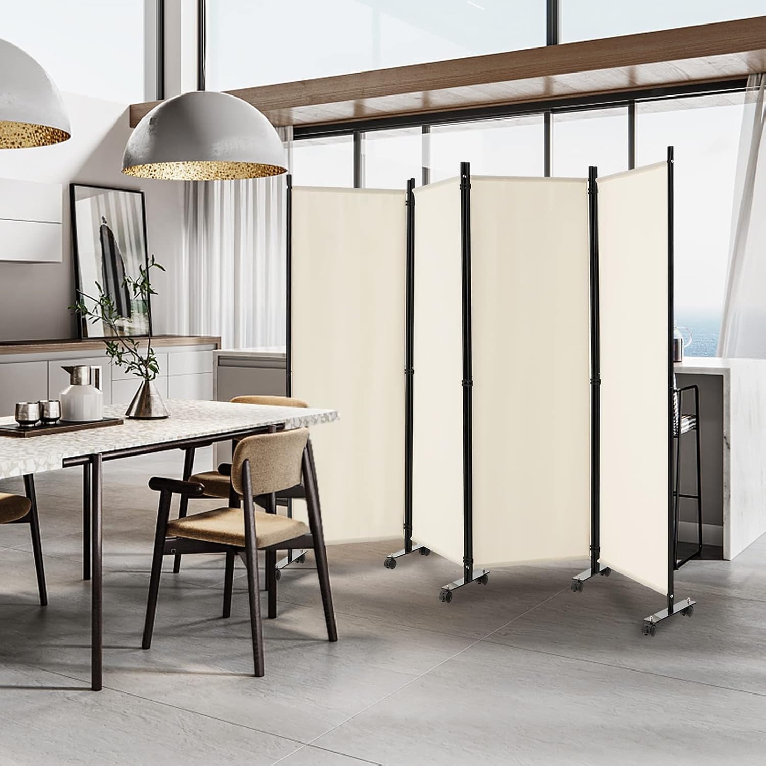 4 Panel Beige Folding Room Divider Privacy Screen on Wheels for Home Office