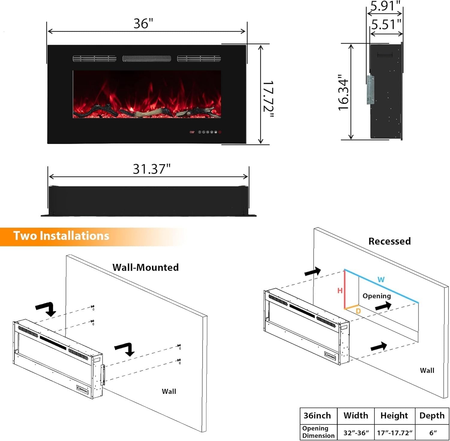Electric Wall Fireplace 36" Heater LED Flames Remote 1500W Timer Black
