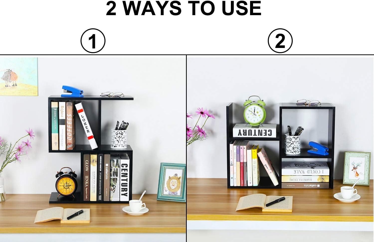 Adjustable Black Desktop Bookshelf 3-Tier Desk Organizer Storage Shelf