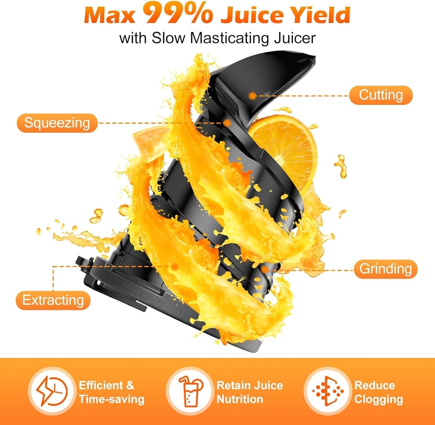 Cold Press Juicer 5.8in Extra Large Feed Chute Whole Fruit 350W