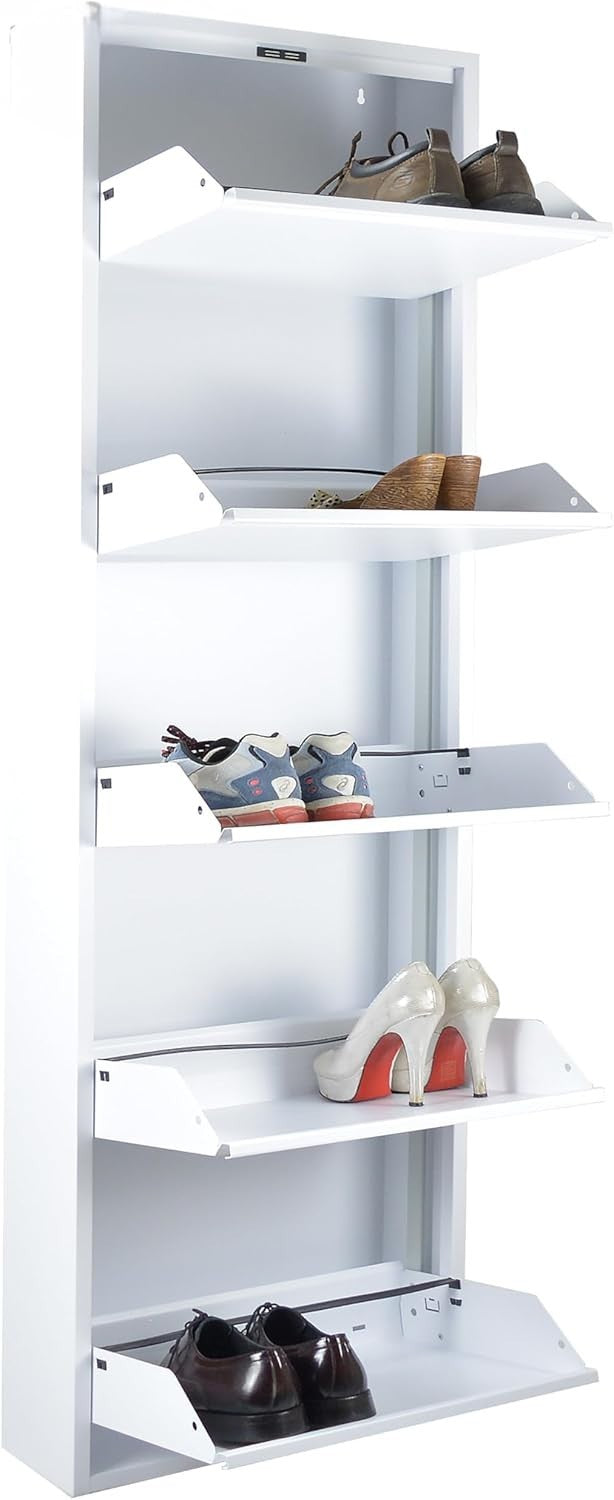 Wall Mounted Slim Shoe Cabinet White – 5-Tier Metal Storage Unit 170cm