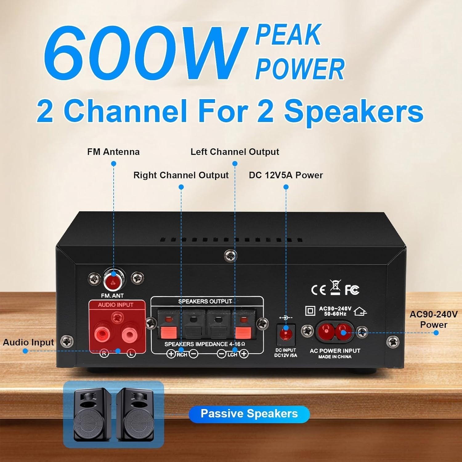 600W Bluetooth 5.0 Stereo HiFi Amplifier USB SD RCA FM Home Car Audio Amp