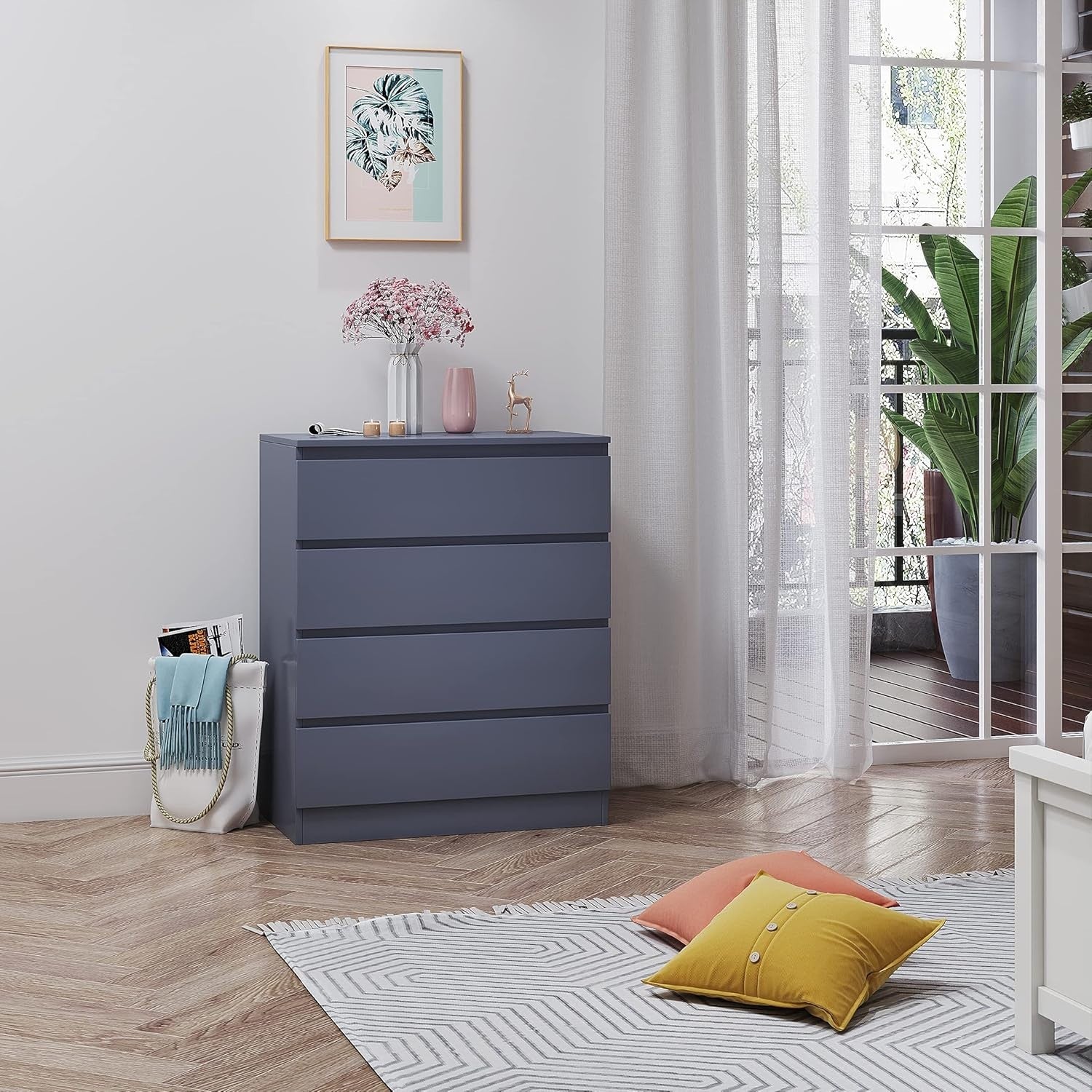 Modern Grey 4 Drawer Chest Bedroom Storage Cabinet Wood Unit 70cm Wide